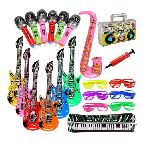Inflatable musical instruments Huge package of inflatable musical instruments and glasses that includes 22 original accessories at a perfect price, including a pump