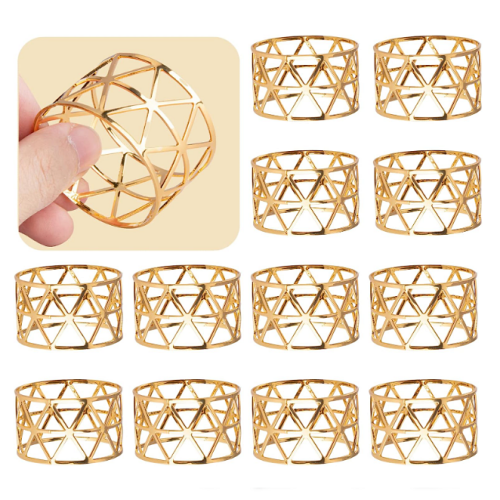 Elegant gold napkin rings in a mesmerizing geometric shape and...