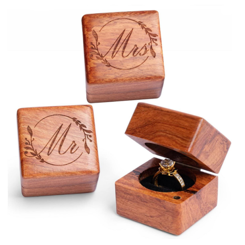 Mr and Mrs wooden ring box handmade from natural wood with engravings in a clean, elegant and romantic design and with a secure magnet closure – Set of 2