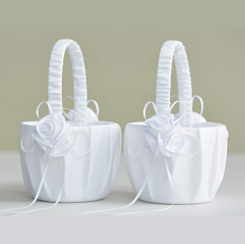 Flower girl basket set of 2 A spectacular set of beautiful wedding baskets wrapped in a perfect shiny white satin fabric and adorned with magical fabric flowers