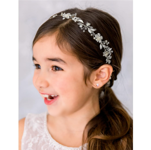 Flower girl headband silver A stunning flowers and crystals tiara for weddings, birthdays and events in a magical style of real princesses