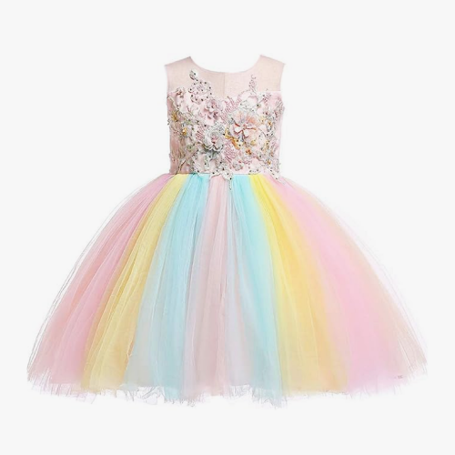 Rainbow flower girl dress with beautiful floral Embroidery Suitable for ages 2-14 years