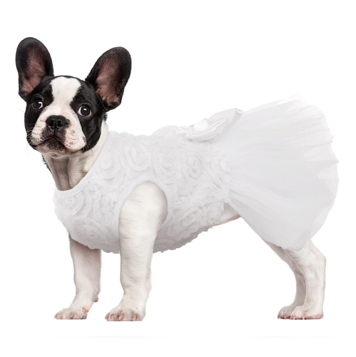 A dog wedding dress in a romantic design with a floral top and a perfect tutu skirt with an elastic strap for perfect comfort