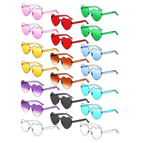 Heart sunglasses transparent frameless in a selection of wonderful colors that compliment each with its own unique shade in an affordable package of 20 pairs