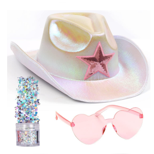 Holographic cowgirl hat Space Cowboy Hat with Pink Heart Glasses...