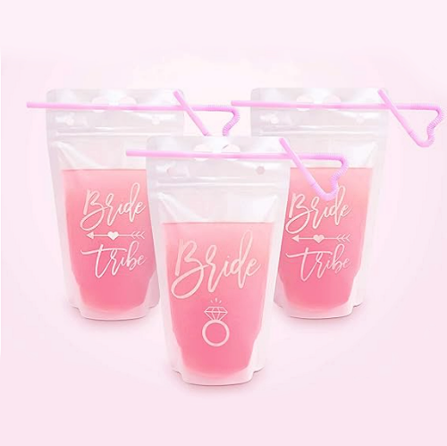 Bachelorette party drink pouches Reusable drinking bags with stunning gold foil inscriptions especially for a hen party with designed straws