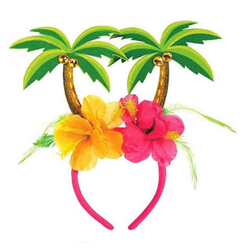 Palm tree headband A spectacular and unusual bow with hibiscus flowers and palm trees in a particularly tropical and happy atmosphere