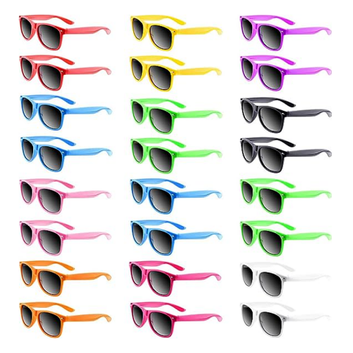 Neon sunglasses party favors A particularly affordable package of 24 sunglasses for adults and children in fun neon colors