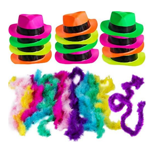 Neon party supplies wholesale A perfect package of 12 neon gangster hats and 12 colorful boas that will elevate the party and illuminate the photos