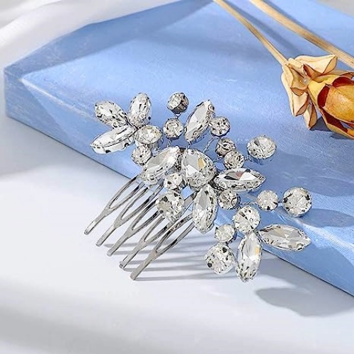 Crystal bridal hair comb accessory with rhinestones in a delicate yet presentable design that upgrades any hairstyle