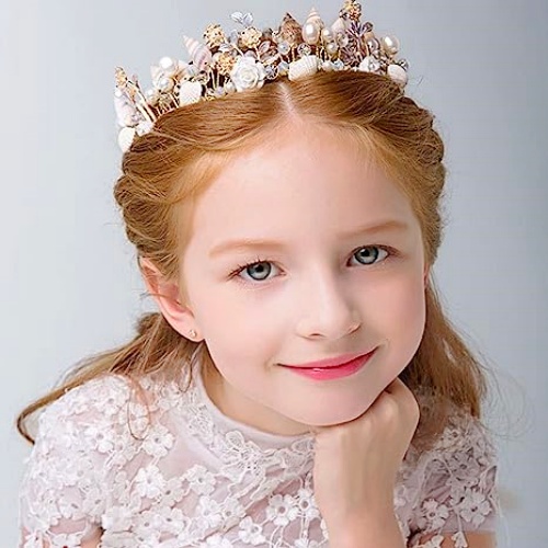 Girl crown wedding goddess in a breathtaking ocean design interwoven with sea shells, pearls and flowers – How beautiful!