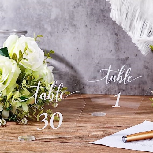 Acrylic wedding table numbers with stand for wedding in a stunning design in the shape of a hexagon or rectangle made of clear acrylic – Tables 1-30