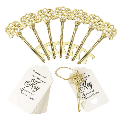 Wedding skeleton key bottle openers A super affordable package of 100 bottle openers in the shape of an antique key in a selection of colors + Thank you cards