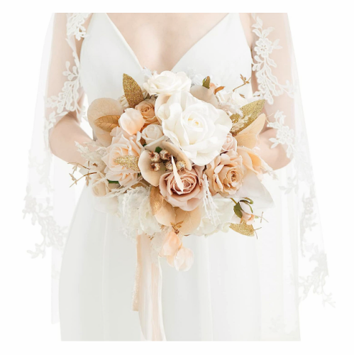 White & beige artificial wedding bouquet bridal with an elegant...