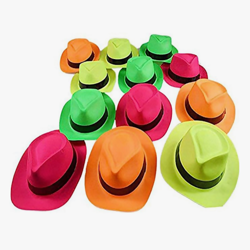 Bright neon color plastic gangster hats bulk An affordable package of 12 or 24 plastic neon hats that are suitable for adults and children and will color your dance floor