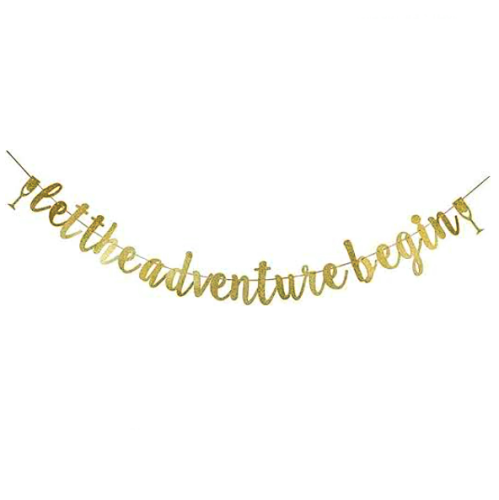 Let the adventure begin gold glitter banner gold The perfect decoration with an exciting and unusual inscription