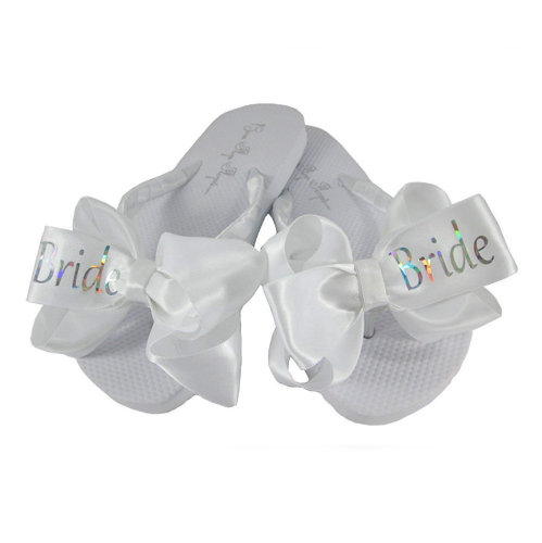White bride flip flops with bow Adorable gift for the future bride at the bachelorette party or bridal shower