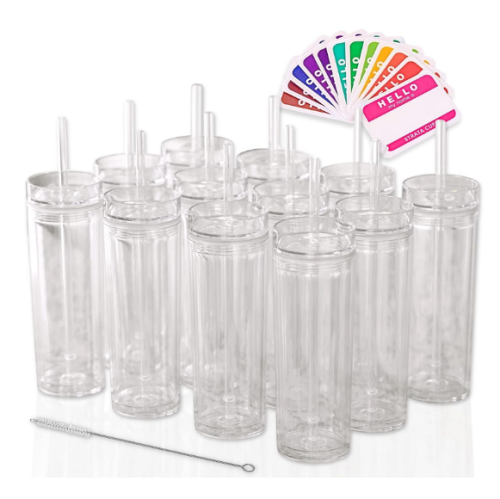 Clear plastic tumblers with lids and straws in bulk Pack of 12 Pcs + Colorful name tags