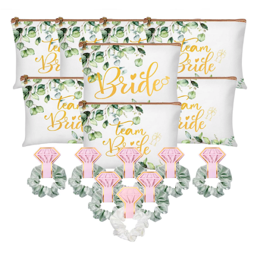 Bridesmaid proposal gifts cheap A breathtaking set that includes 8 designed makeup bags + 8 pleasant velvet hair bands + Cards with gold lettering – What a fun gift to receive!