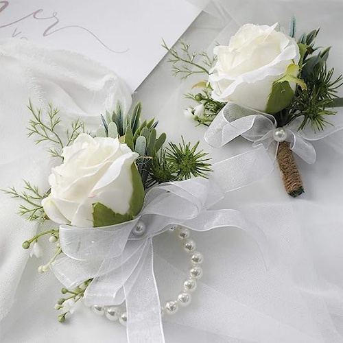 Wrist corsage and boutonniere set Ivory Rose Wristlet Band Bracelet and Men Boutonniere Set for White Wedding Flowers Accessories Prom Suit Decorations