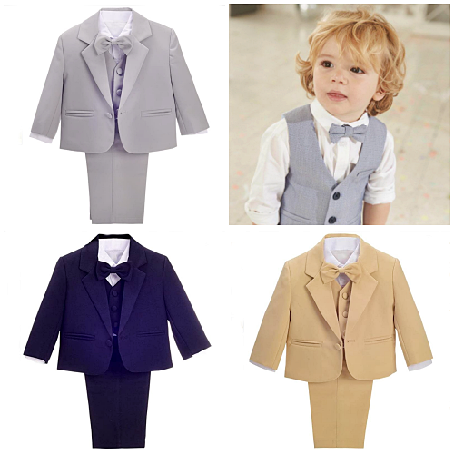 Baby Toddler Formal Wedding Tuxedo Boy Suit Khaki Tie 6pcs Set 9 Color sz S-4T 