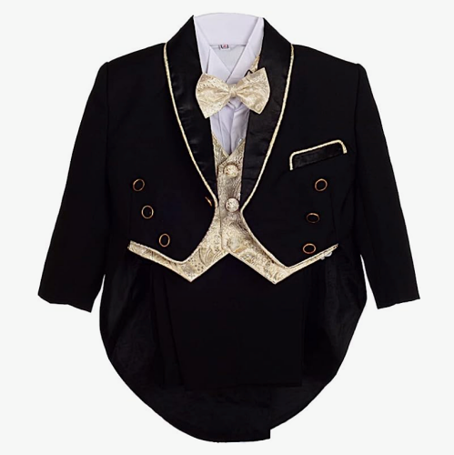 Baby boy classic tuxedo suit black Especially devastating 5-piece suit with mesmerizing metallic gold touches. Turn your baby into a Prince – Ages 1 to 4 years