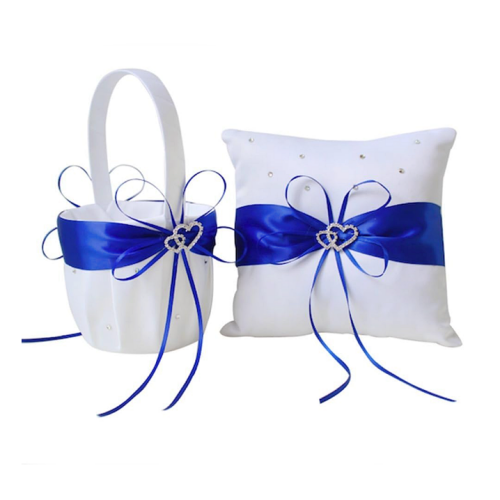 Pillow and basket set for wedding with royal blue satin ribbon next to a matching flower girl basket for petals / confetti / rice