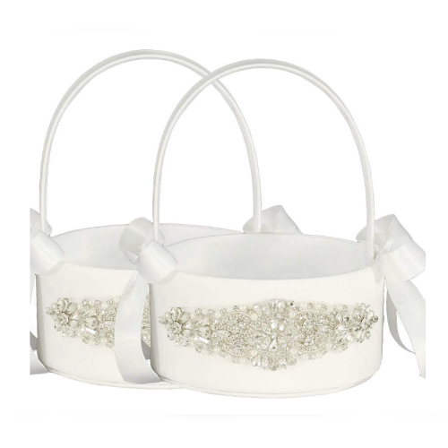 Flower girl basket set of 2 stunning white baskets woven with crystals and decorated with pleasant satin ribbons – Perfect for petals, rice, confetti and more