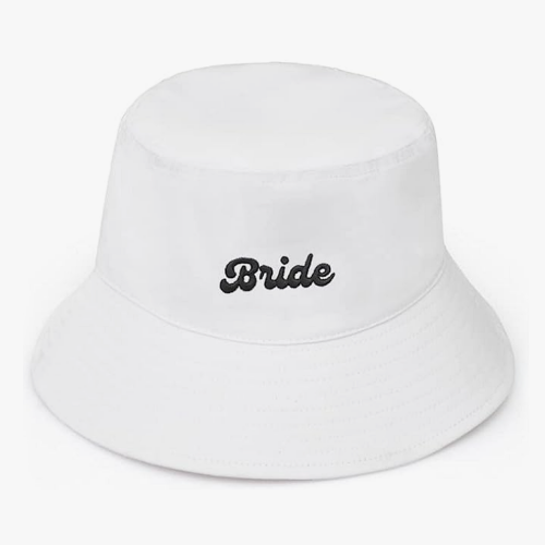 White bride bucket hat Pamper the bride to be with a fashionable hat that matches an everyday look with the coveted caption BRIDE