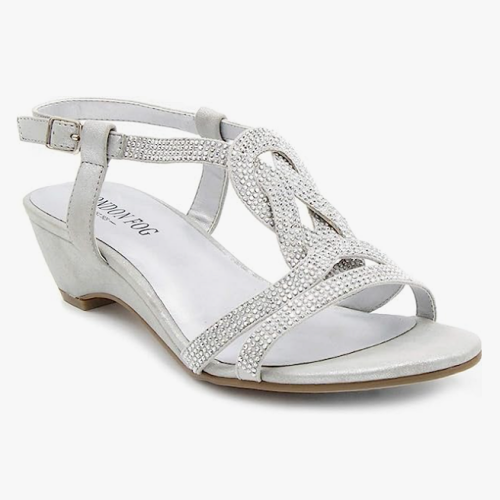 Demi-wedge sandals silver ankle strap woven with shiny crystals with designed straps that flatter your legs insanely