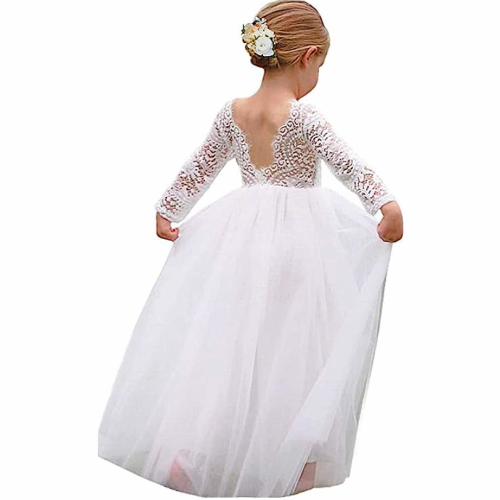 White flower girl dresses long sleeve in full length with stunning lace sleeves and a tutu skirt – Huge selection of colors to choose from – For ages 2-14 years