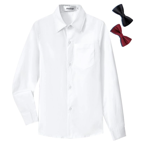 Boy white button down long sleeve Boys Button Down Dress Shirt Long Sleeve Poplin Bow Tie Set – For ages 5-14 years