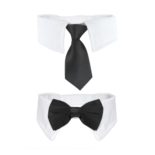 Dog bow tie collar wedding A set of two collars for dog cat with a formal white shirt collar and fancy ties in two styles