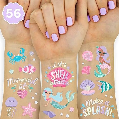 Mermaid temporary tattoos glitter Set of 56 sparkling and particularly spectacular temporary tattoos on the theme of mermaids – The most original and fun gift!