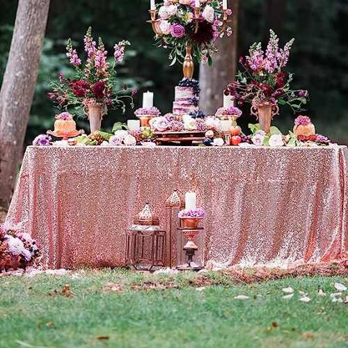 Rose gold sequin tablecloth for wedding in a stunning color Perfect for weddings and bachelorette parties – 102 inch – Dreamy fairy tale effect
