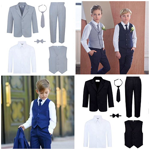 Baby Toddler Kid Boys Wedding Formal 3pc Set Shirt Khaki Pants Bow Tie Suit S-7 
