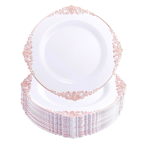 Fancy disposable plates for weddings with a rose gold or gold frame to choose from – Package of no less than 100 spectacular plastic plates