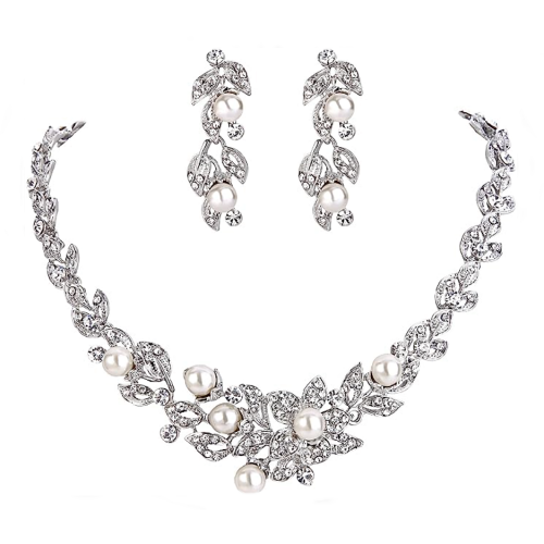 Bridal necklace dangle earrings set crystal that includes drop earrings and a princess necklace with an extension chain for maximum adjustment