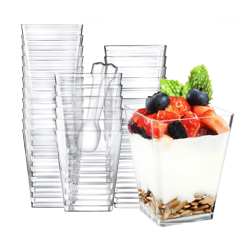 Clear plastic mini square dessert cups for wedding Beautiful square disposable plastic dessert cups for a variety of spectacular flavors – Pack of 100 cups with 100 spoons
