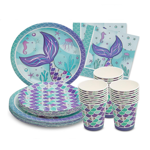 Mermaid party supplies A complete and perfect disposable set on a mermaid theme for 24 guests . Includng dinner plates, dessert plates, cups and napkins