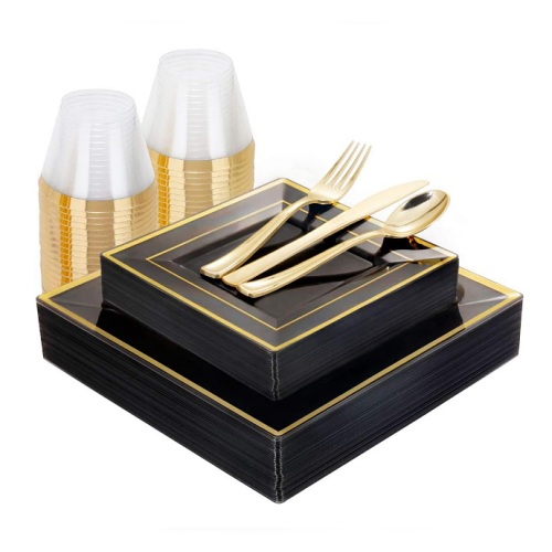 Black and gold dinnerware set Includes 25 Dinner Plates 25 Dessert Plates 25 Cups 25 Knives 25 Forks, 25 Spoons