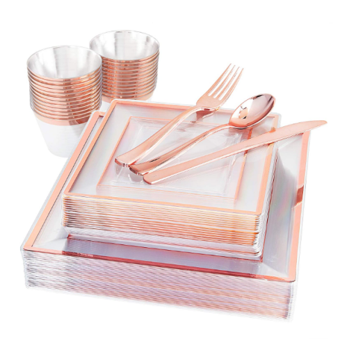 Rose gold dinnerware set disposable Includes 25 Dinner Plates 25 Dessert Plates 25 Cups 25 Knives 25 Forks, 25 Spoons