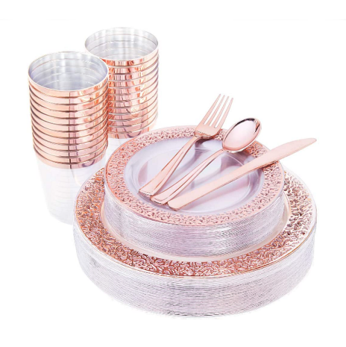 Rose gold tableware set Spectacular metallic and designed tableware set in rose gold gold or silver colors, including plates, cups and cutlery