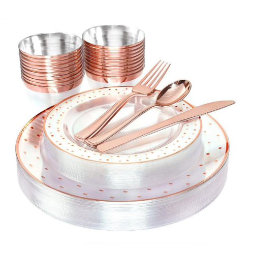 Rose gold plastic plates for wedding Full set in a gorgeous metallic style that is suitable for 25 guests and includes: Dinner plates, dessert plates, cups and cutlery