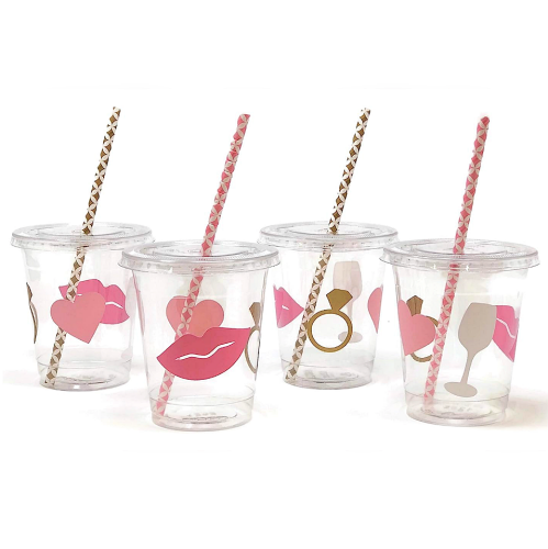 Bachelorette party cups with lids and straws in a stunning transparent design with special pink decorations – Pack of 12