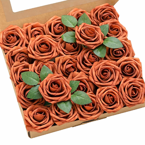 Artificial burnt orange roses bulk wholesale in a huge selection of fascinating and mesmerizing colors – Pack of 25 roses with stems and leaves