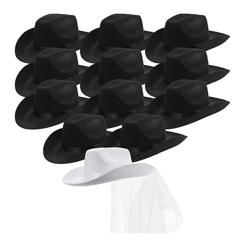 Pink cowgirl hats bachelorette party Packs of 7 12 Pcs black or pink cowboy hats including a white hat with a veil for the bride