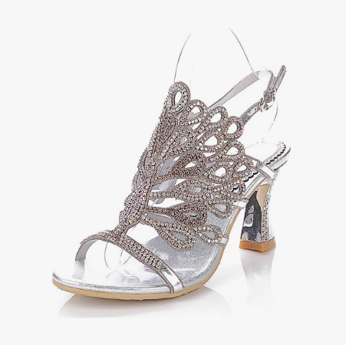 Rhinestone peacock patterned sandals heel ankle strap Gorgeous style! 5...