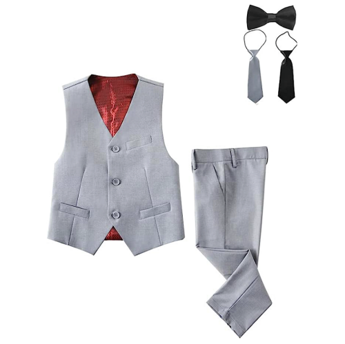 Boys’ formal vest suits An impressive and stylish tailored 5-piece suit that includes pants, a vest and 3 ties – Sizes 2-14