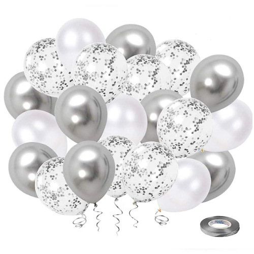White silver confetti latex balloons bulk A huge package of 50 balloons in stunning metallic silver tones that includes white, metallic & confetti balloons plus roll silver ribbon